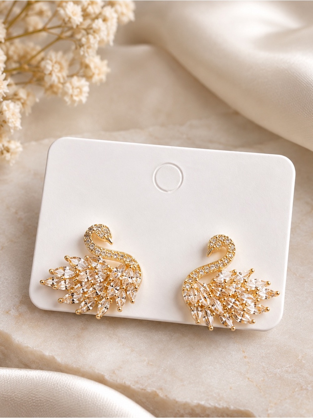 Gold Swan Crystal Stud Earrings - Elegant Women's Jewelry